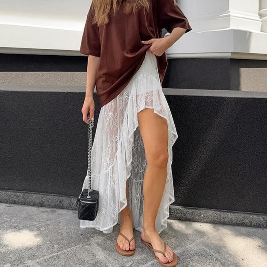 White Lace Split Ruffled High Slit Maxi Skirt Boho Y2K