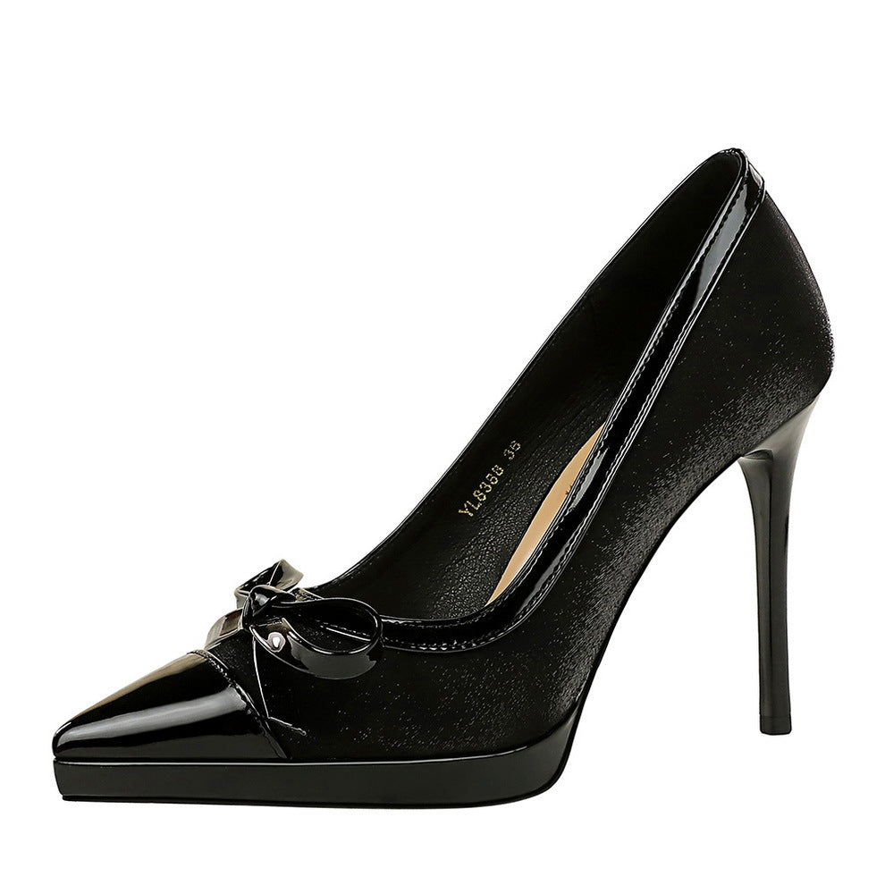 Stitching Pointed Toe Cocktail High Heel Platform Bow Sexy Shoes