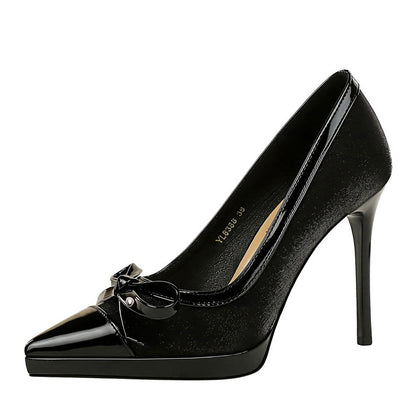 Stitching Pointed Toe Cocktail High Heel Platform Bow Sexy Shoes