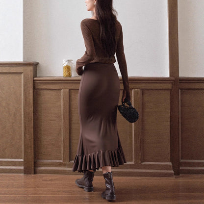 Brown Irregular Asymmetric Ruffled Skirt Y2K