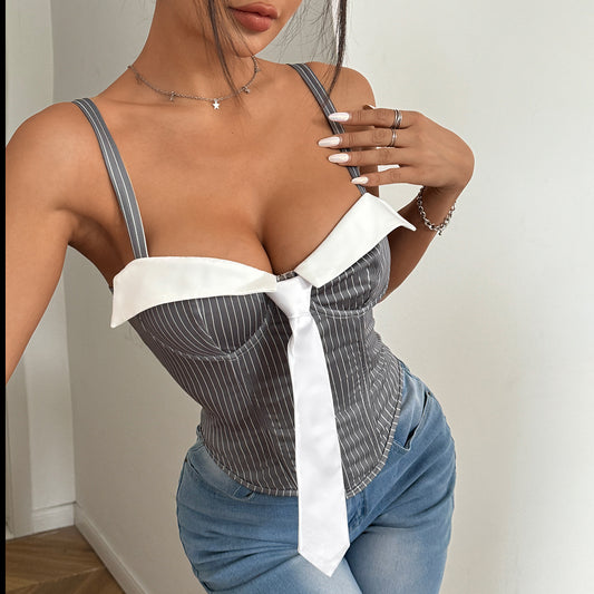 Sexy Pinstripe  Low Cut   Pinstripe Corset w/ attached Tie