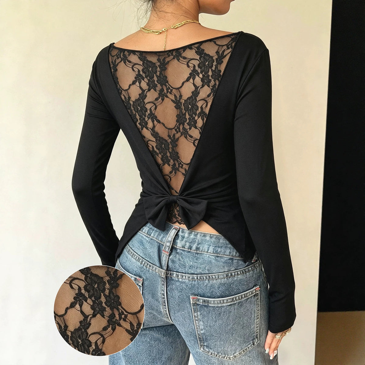 Women Clothing off Shoulder Long Sleeve Lace Backless Bow Waist Tight Figure Flattering Graceful Tops