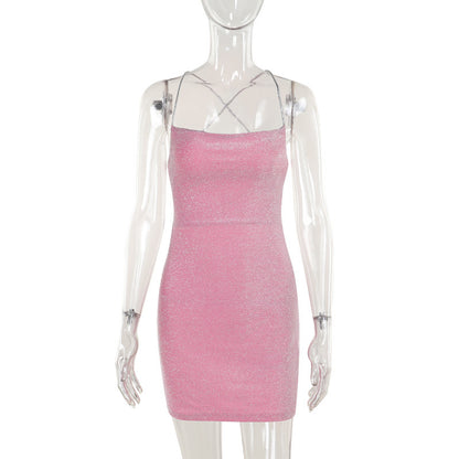 Sexy Shiny Tube Top Dress  Lace Up Mini Dress Women Barbie Pink