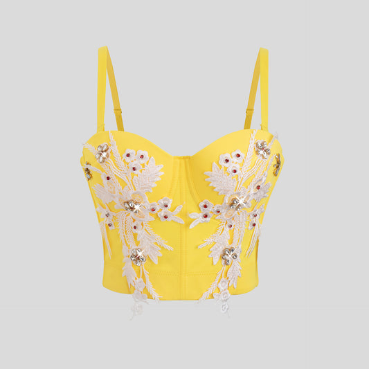Yellow Floral Sexy Bustier with Floral Applique Y2K