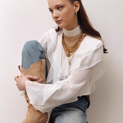 V neck Flounce Long Sleeve Loose Shirt Design Office All Matching Top