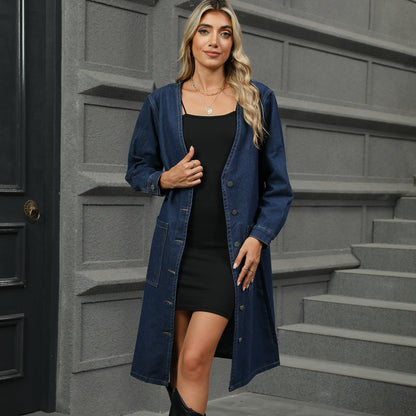 Washed Denim Long  Coat Trench Coat Cardigan Y2K