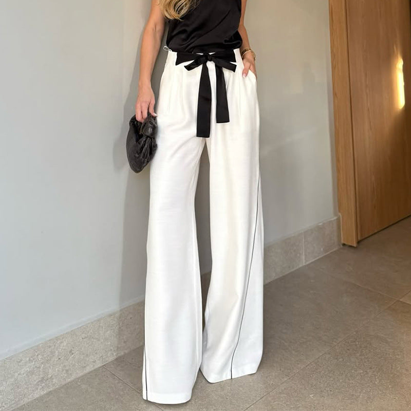 High White High Waist Lace up Loose Wide Legged Pants