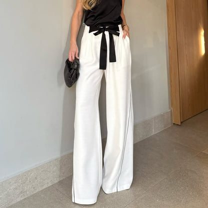 High White High Waist Lace up Loose Wide Legged Pants
