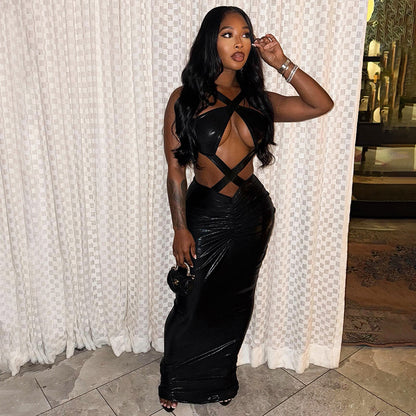 Sexy Sleeveless Backless Hollow Out Cutout out Strap Slim Fit Maxi Dress Y2K