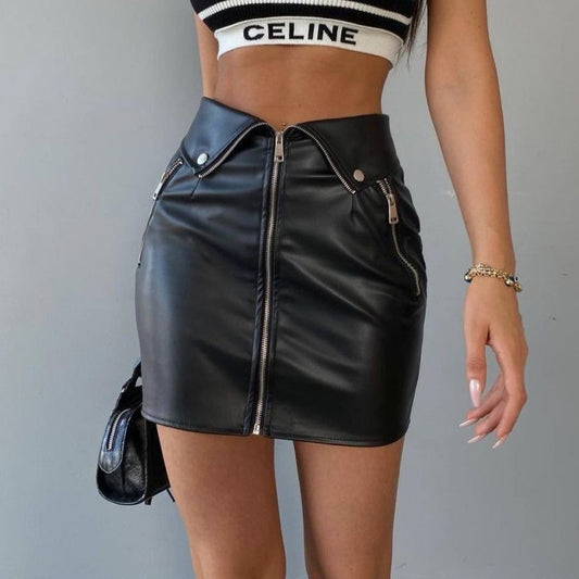 Sexy Faux Vegan Leather  Slim Hip Zipper Detail Mini Skirt