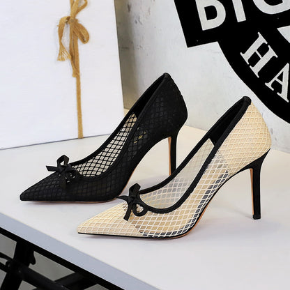 Bow Pointed Shallow Mouth Mesh Lace Stiletto