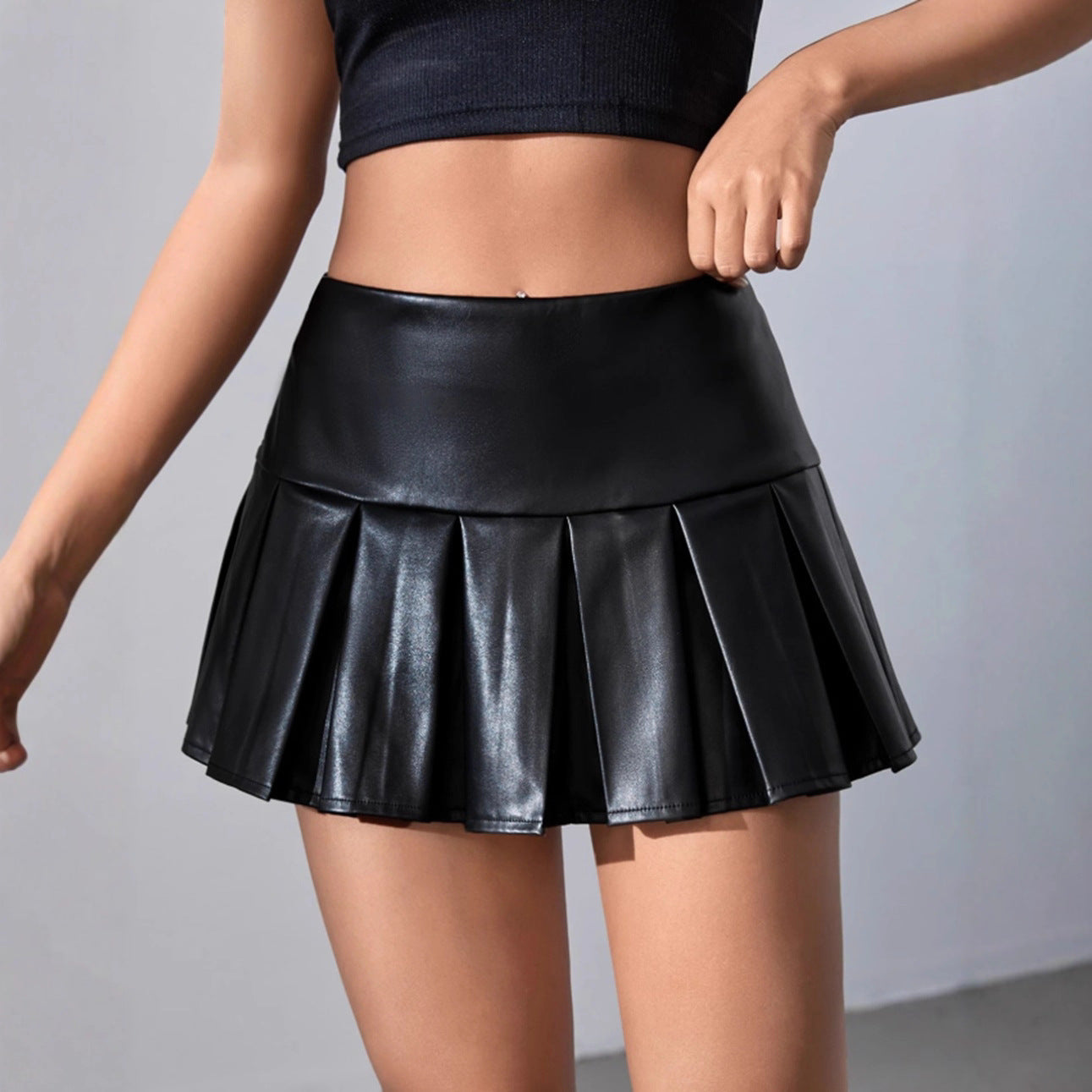 Sexy Pleated Pleather High Waist Vegan Leather Skirt