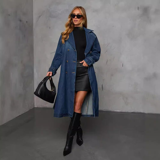 Womens Denim Women Wide Windbreaker Coat With Belt