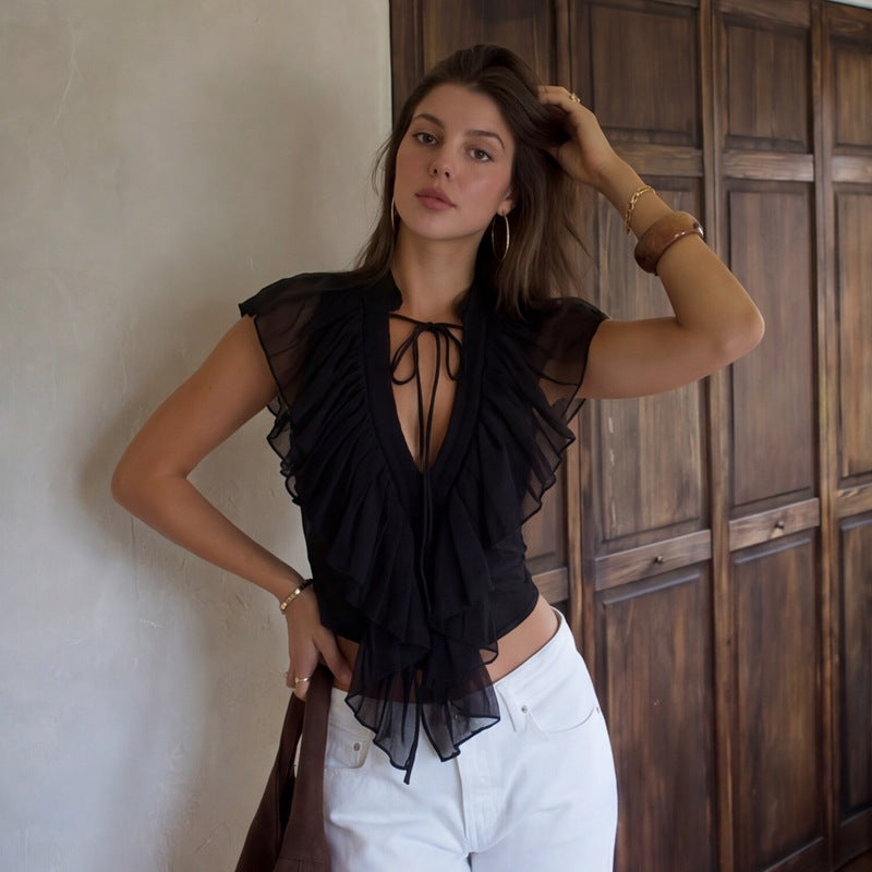 Sexy S/S Deep V Plunge Neck with Ruffle