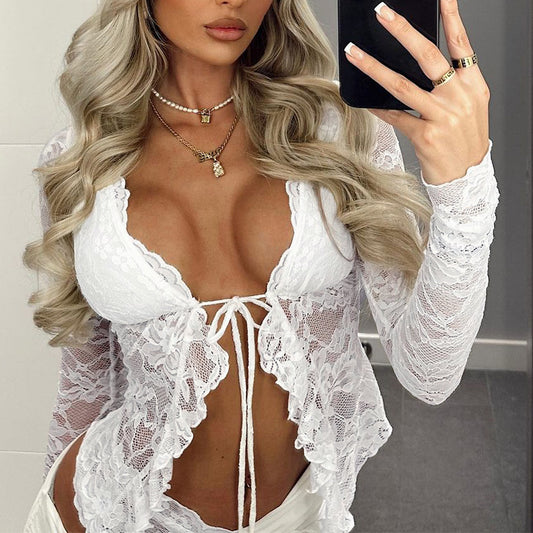 White Lace Fly Away  Sexy Lace Up Cardigan Long Sleeve Lace Shirt