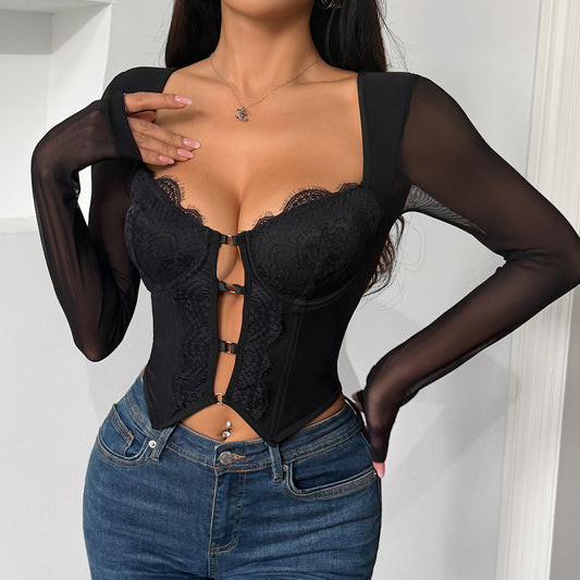 Sexy Black Lace Long Sleeve Hollow Out Cutout Metal Corset Like Y2K Top
