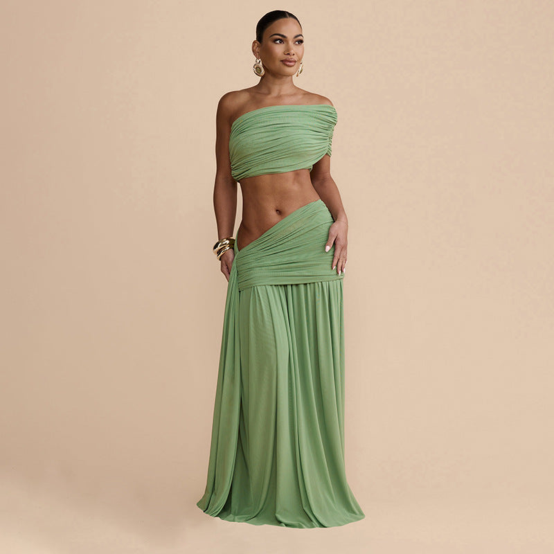 Sexy  Tube Top Off The Shoulder w/ Shirred Long Maxi Skirt Set Festival Vibes