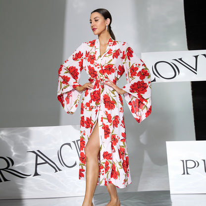 Floral Printed Sexy Nightgown Flare Sleeve Tie Neck Split Mid Length Morning Gowns