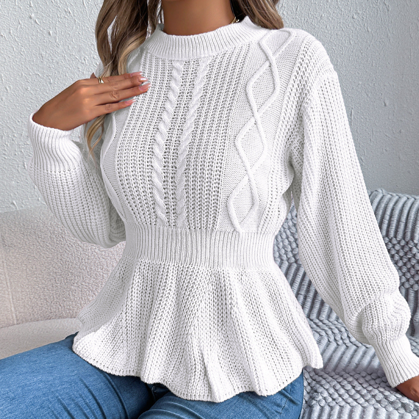 Twist Waist Trimming Ruffles Long Sleeve Pullover Sweater