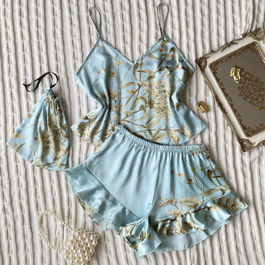 Silk Pajamas leaf Printed Short / Cami Set with ruffle hem