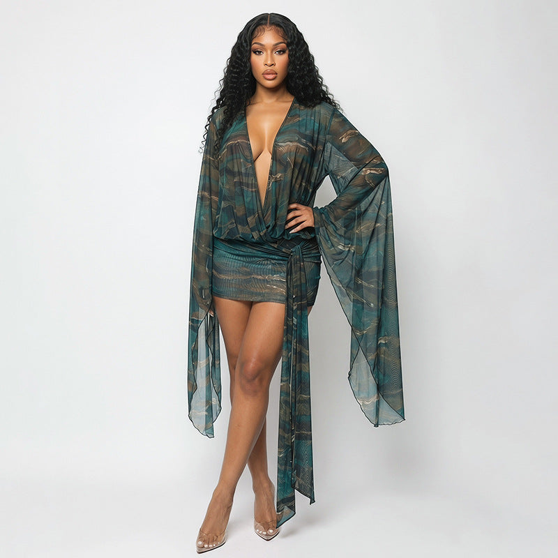 Sexy Mesh Deep V Plunge neck Animal Like Print  Mini Dress W Bell Sleeve
