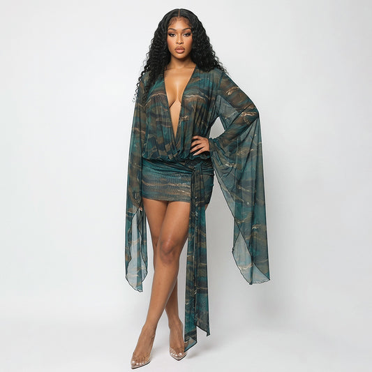 Sexy Mesh Deep V Plunge neck Animal Like Print  Mini Dress W Bell Sleeve