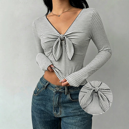 Black/ White Striped Long Sleeve w/ Tie Front Detail