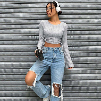 Cropped Ribbed Heather Grey Bell Long Sleeve  Top w/ Shirring at Sides