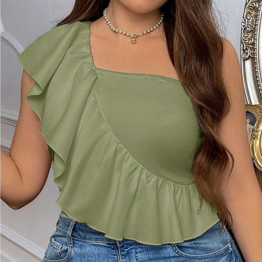Plus Size Women Clothing Diagonal Collar Sexy off Shoulder T shirt Unique Niche Slimming Top