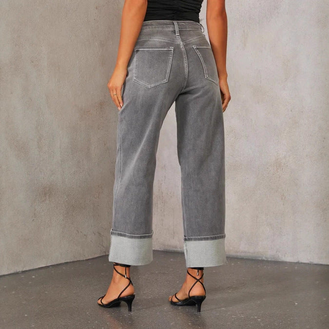 Ladies High Waist Gray Zipper Pocket Jeans w/ Wide Cuff