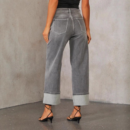 Ladies High Waist Gray Zipper Pocket Jeans w/ Wide Cuff