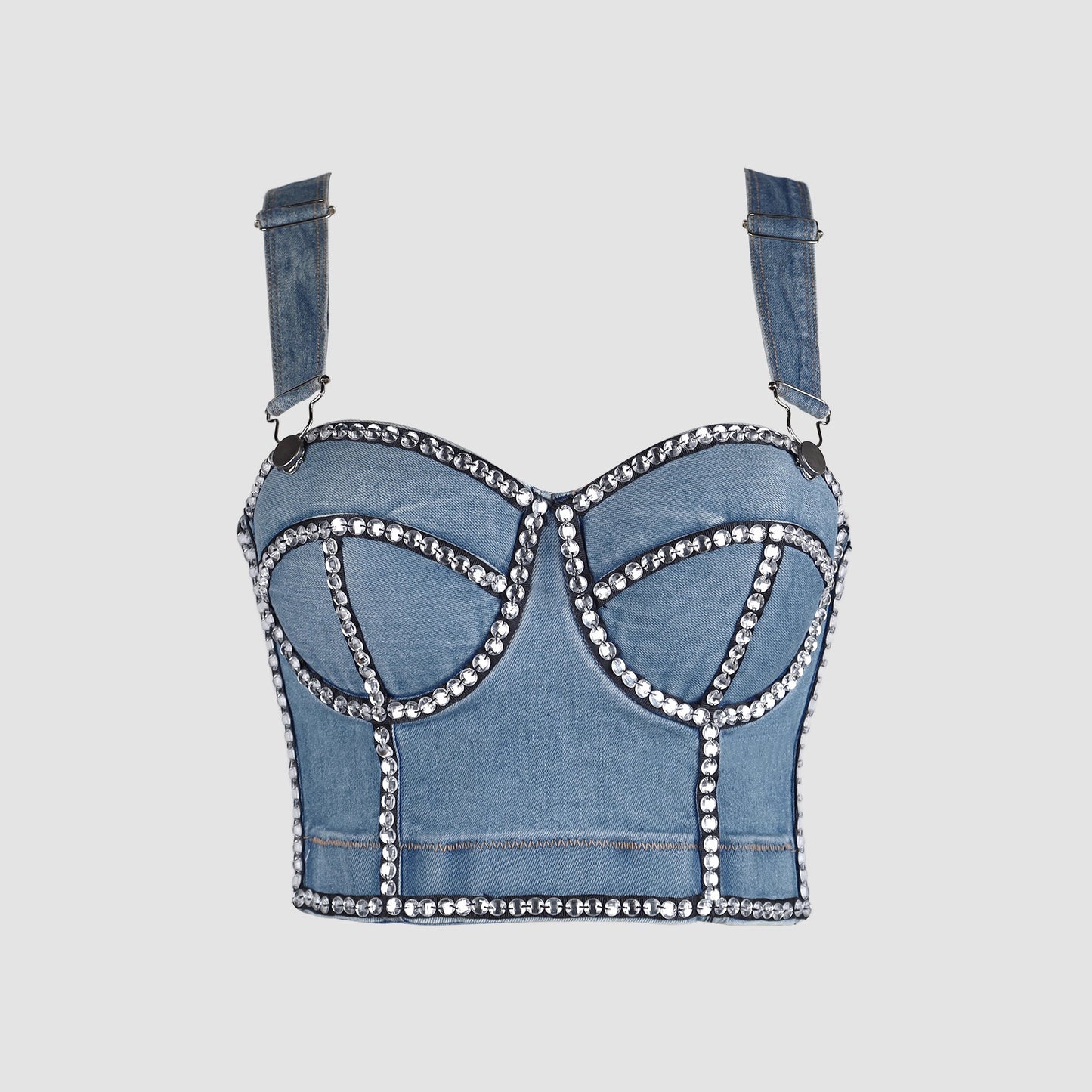 Denim Hand Stitched Diamond Detachable Thick Shoulder Strap Corset