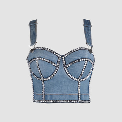 Denim Hand Stitched Diamond Detachable Thick Shoulder Strap Corset