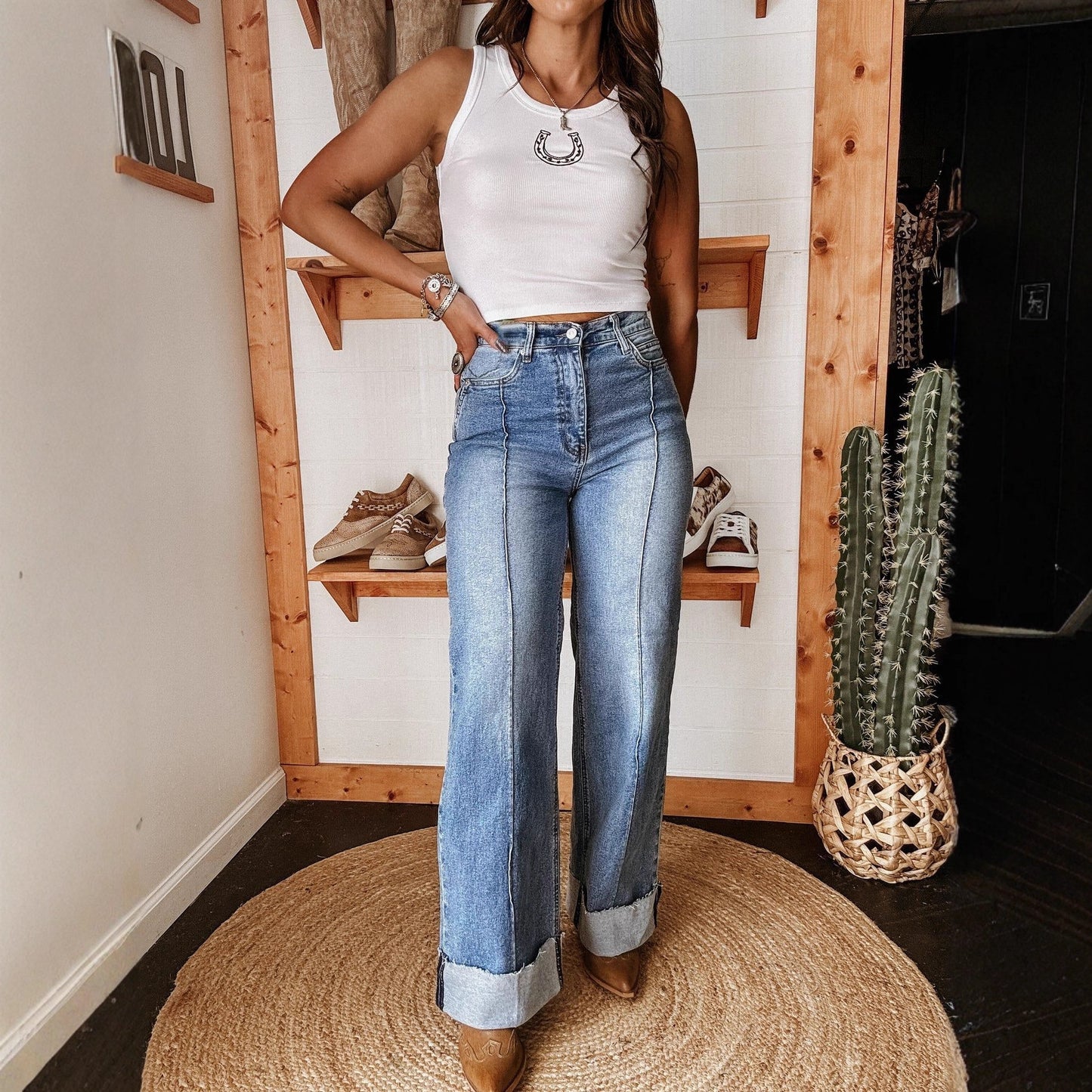 Denim  Washed out Pressed Front Seam Boot Leg Wide Cuff Straight Jeans