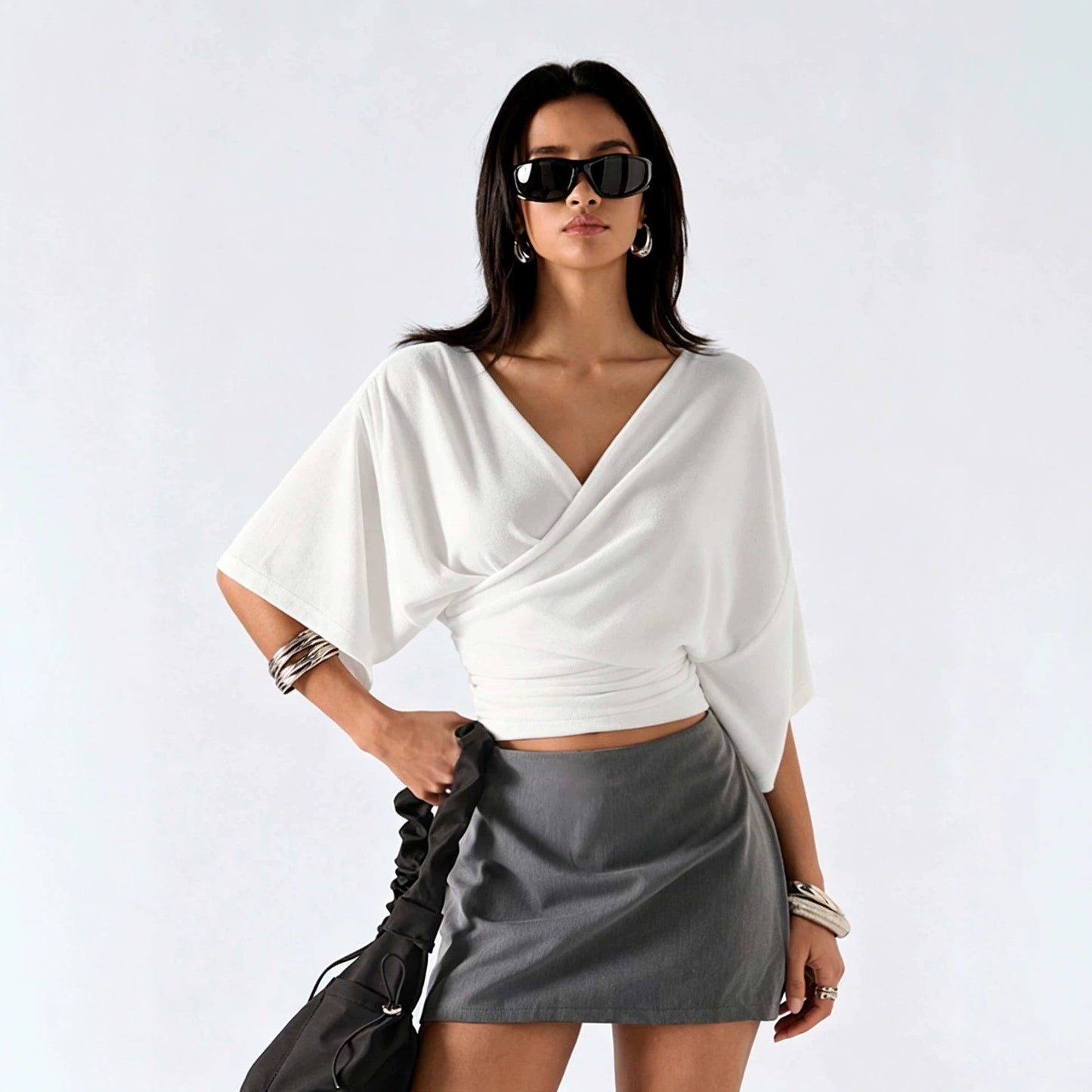 White  Deep V neck Batwing Sleeve Top with Shirring on Sides