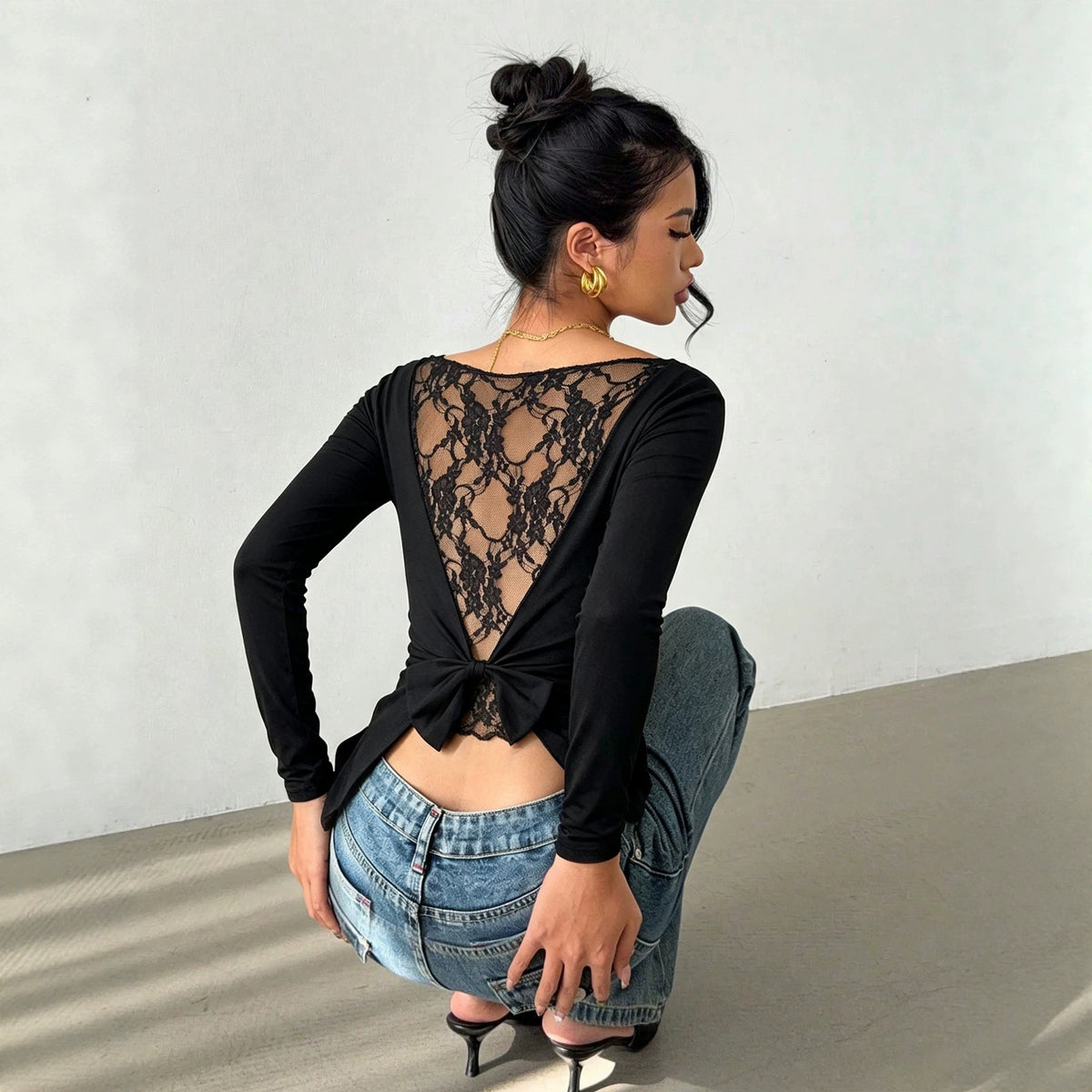 Women Clothing off Shoulder Long Sleeve Lace Backless Bow Waist Tight Figure Flattering Graceful Tops