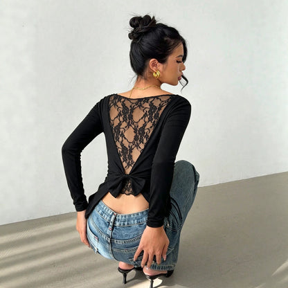 Women Clothing off Shoulder Long Sleeve Lace Backless Bow Waist Tight Figure Flattering Graceful Tops