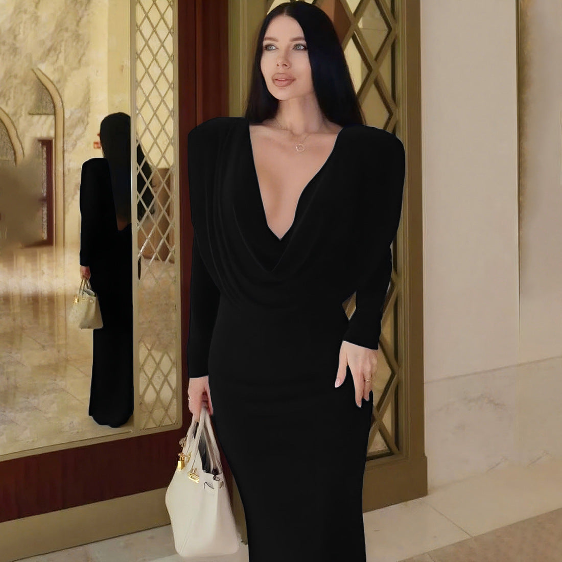 Sexy Backless L/S Cowl Neck Maxi Dress with Sheering at Sides