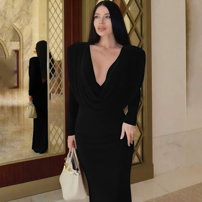 Sexy Backless L/S Cowl Neck Maxi Dress with Sheering at Sides