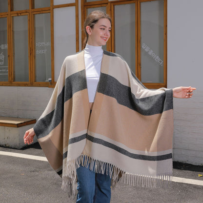 Tassel Split Shawl Autumn Winter Women's Simple Plaid Jacquard Scarf Cloak