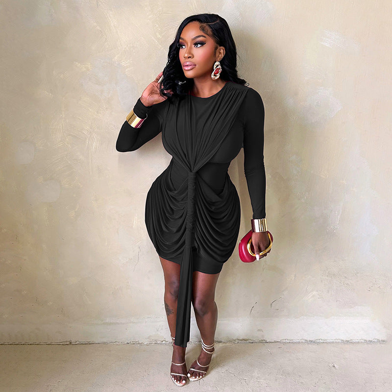 Long Sleeve Short Shirring  Tied Short Dress In Magenta or Black