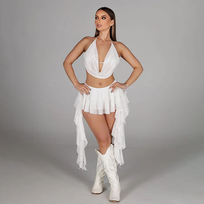 Sheer Pea Mesh   Halter Open Back with Matching Mini Skirt  Festival Vibes