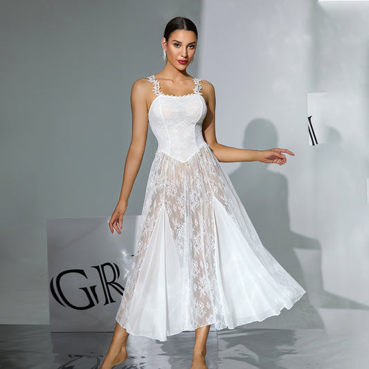 Sexy Lace See through Long Flowy Maxi w/ Pearl Detail Trim