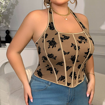 Plus Size Women Sexy Brown Vintage Printed Halter Spaghetti Straps Top Sexy Vest