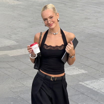 Y2K Halter Cropped Top with Lace Peekaboo  Detail