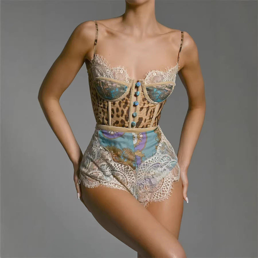Sexy Printed Leopard  Lace Romper with Corset Like Detail