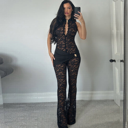 Black Lace Sleeveless Sexy Pull Jumpsuit, EDC, Burning Man, Coachella , Stagecoach