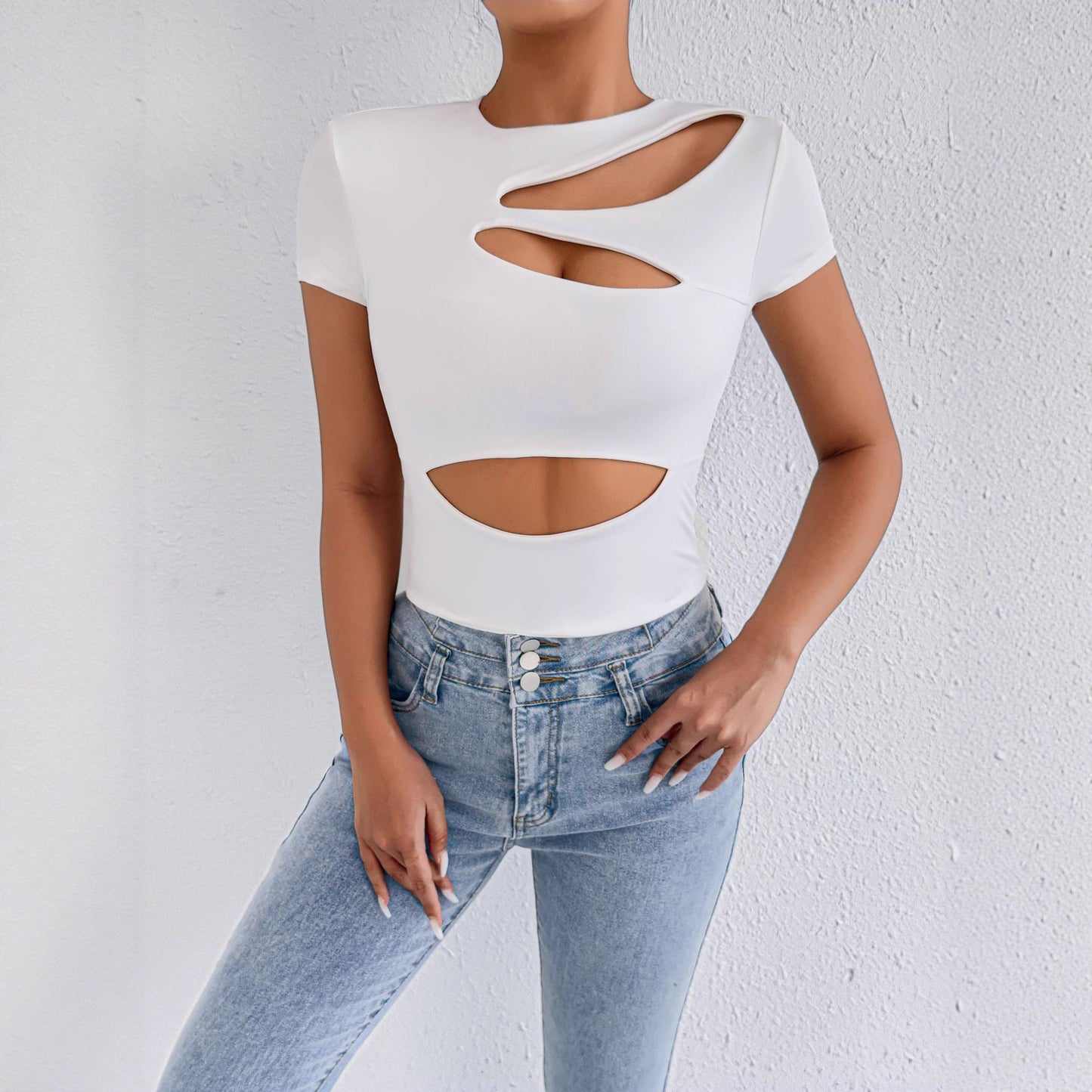 White  Short Sleeve Sexy Cropped Hollow Out Cutout out Sexy  Top