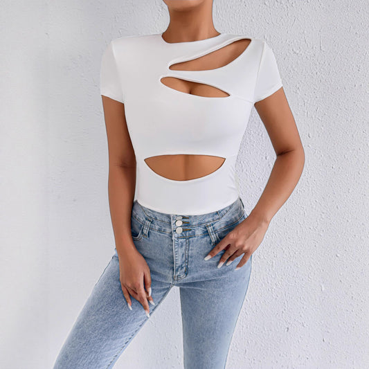 White  Short Sleeve Sexy Cropped Hollow Out Cutout out Sexy  Top