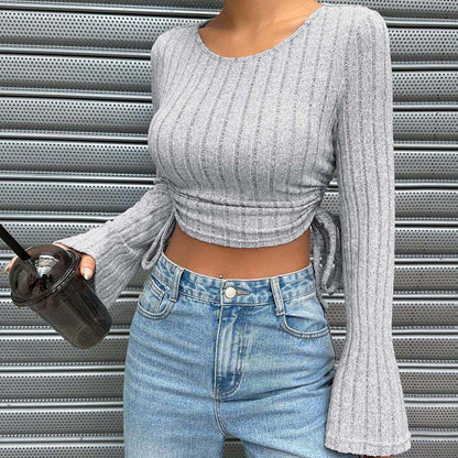 Cropped Ribbed Heather Grey Bell Long Sleeve  Top w/ Shirring at Sides
